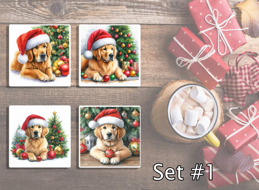 4" Dogs With Santa Hats Christmas Ceramic Coasters