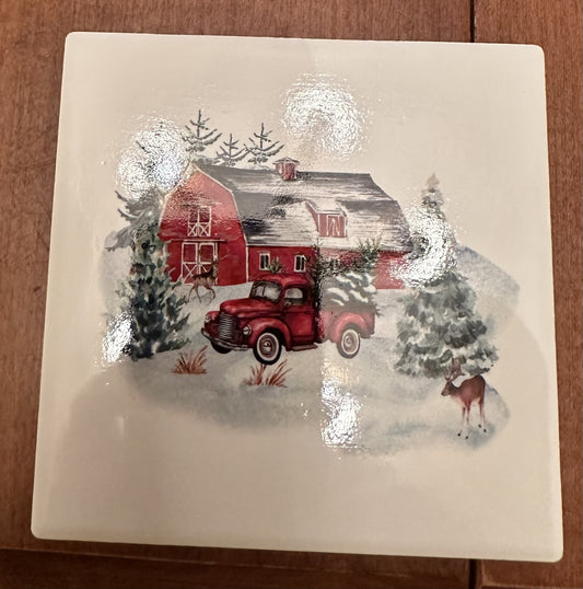 4" Square Christmas Farm Scene Ceramic Coasters